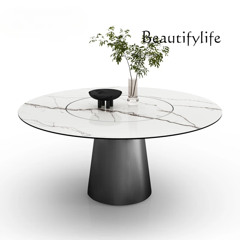 Italian-Style Light Luxury Bright Rock Plate Titanium Black Stainless Steel Foot Designer Embedded Turntable round Dining Table