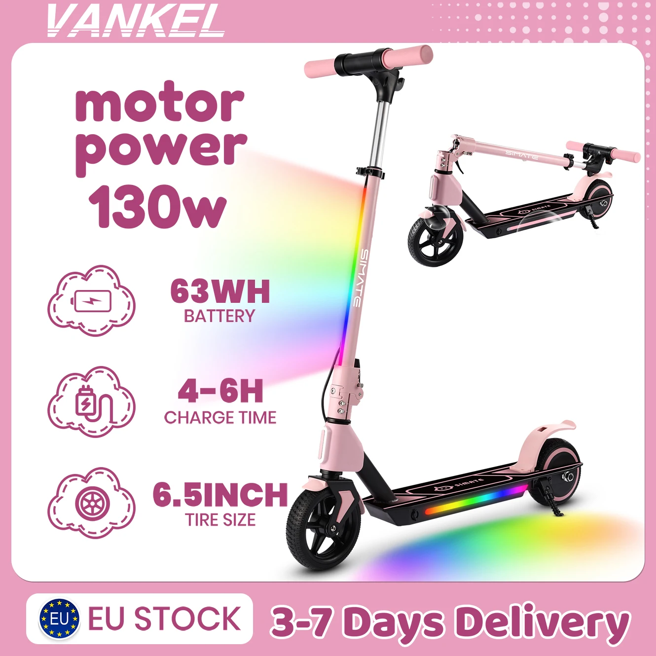 Vankel Kids Elektrische Scooter 6,5 Inch Opvouwbare E-Scooter met Regenboog LED Verlichting, 130W Motor, 63Wh, Elektrische Scooter voor Kinderen