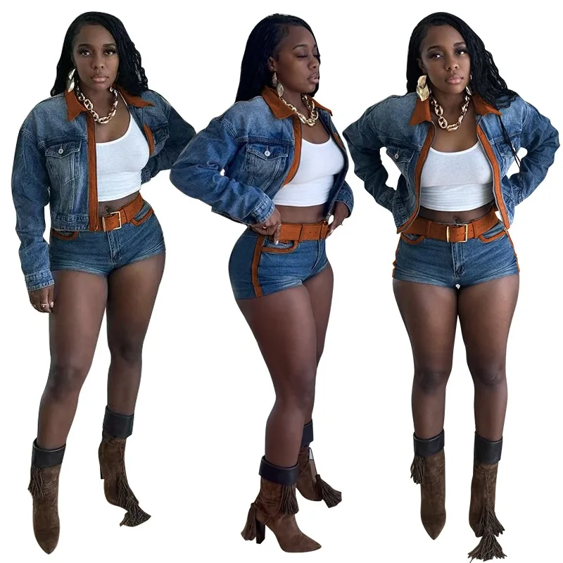 

Women Set Autumn Retro Contrasting Color Long-Sleeved Stretch Denim Jackets With Shorts Casual Two Piece Sets Women Denim Suit