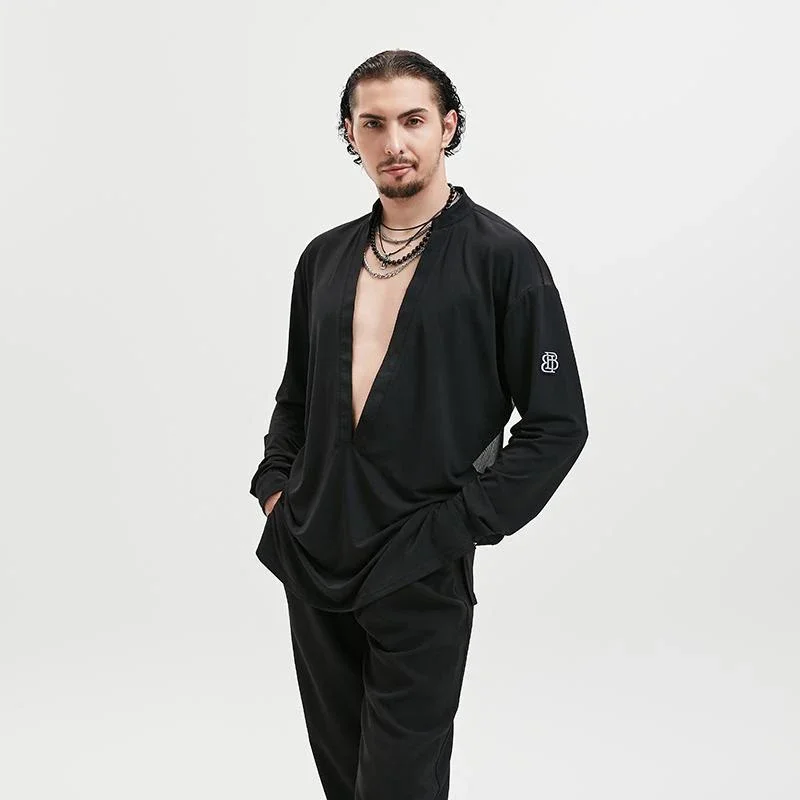 جديد الرجال ملابس الرقص اللاتينية شبكة طويلة الأكمام بلايز الكبار الذكور ممارسة الملابس تشا تشا رومبا زي الخامس الرقبة تي شيرت BL14896