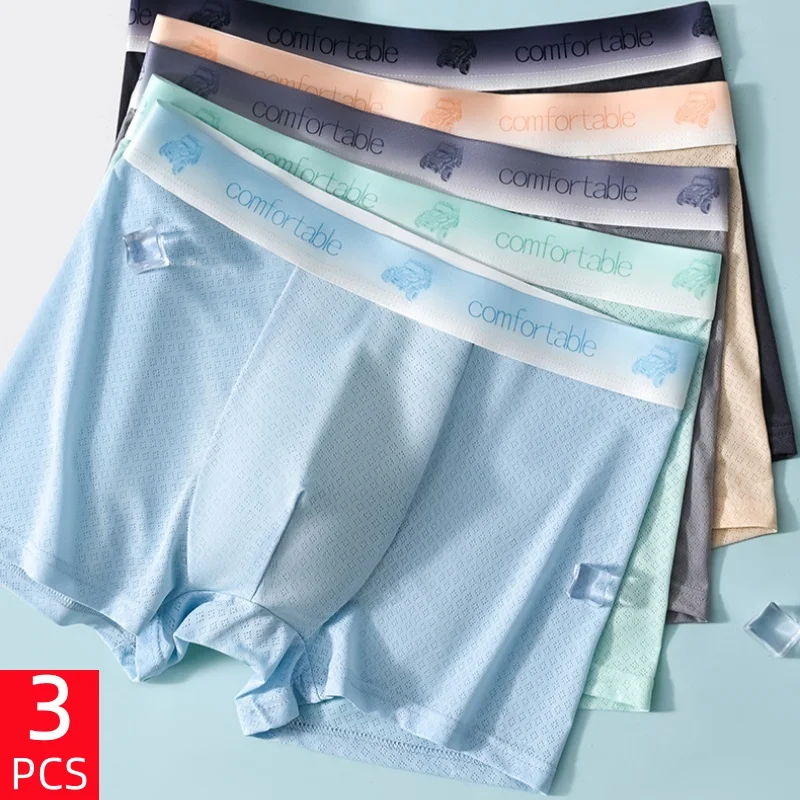 3er-Pack Herren Sommer Ultra-Dünne Unterwäsche Komfortable Atmungsaktive Eisseide Boxershorts Nahtlose Schnelltrocknende Mittelhohe Unterhosen