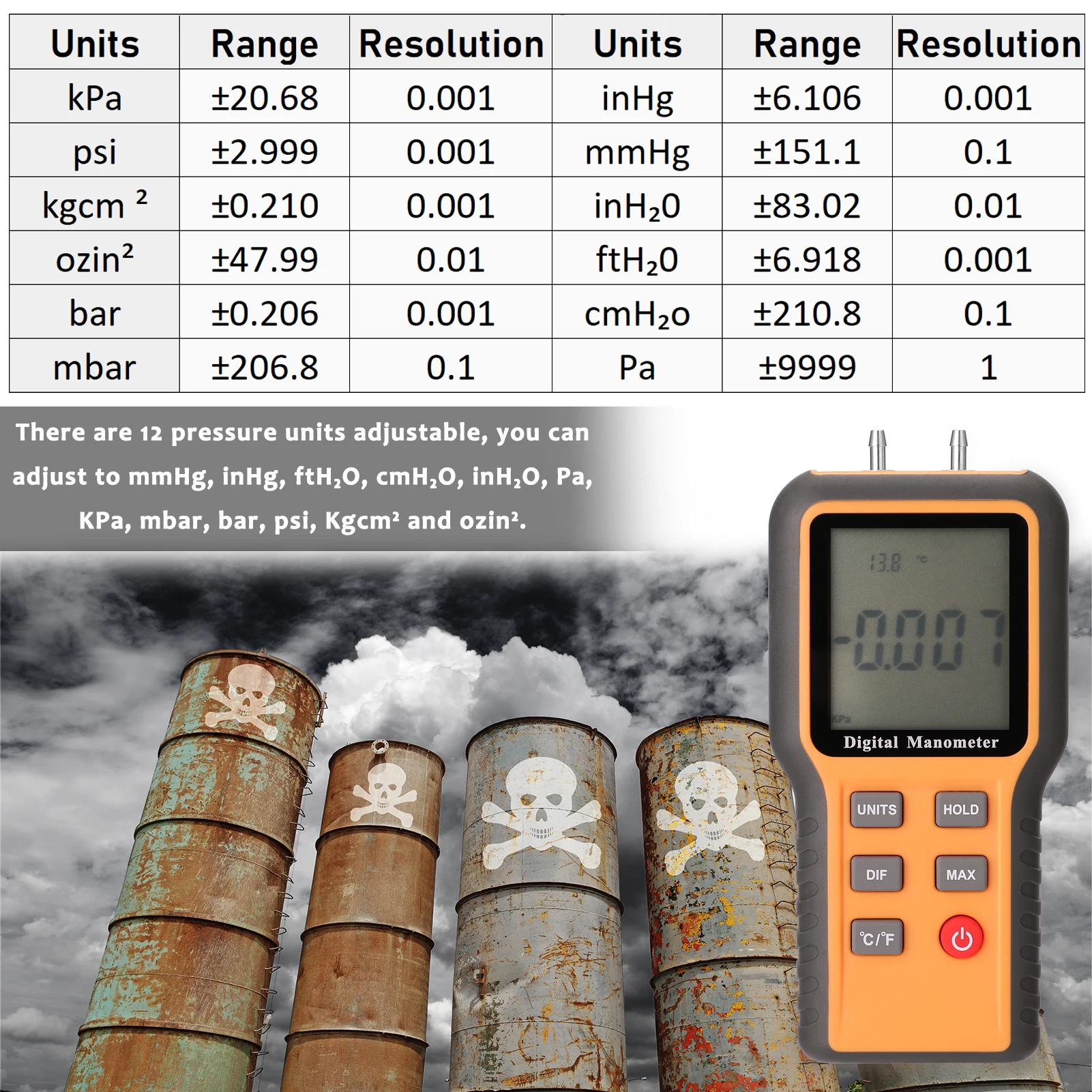 Digital Manometer Differential Air Pressure Gauges Tester Indoor Temperature Measurement Tool Pipes Pressure Measuring Device