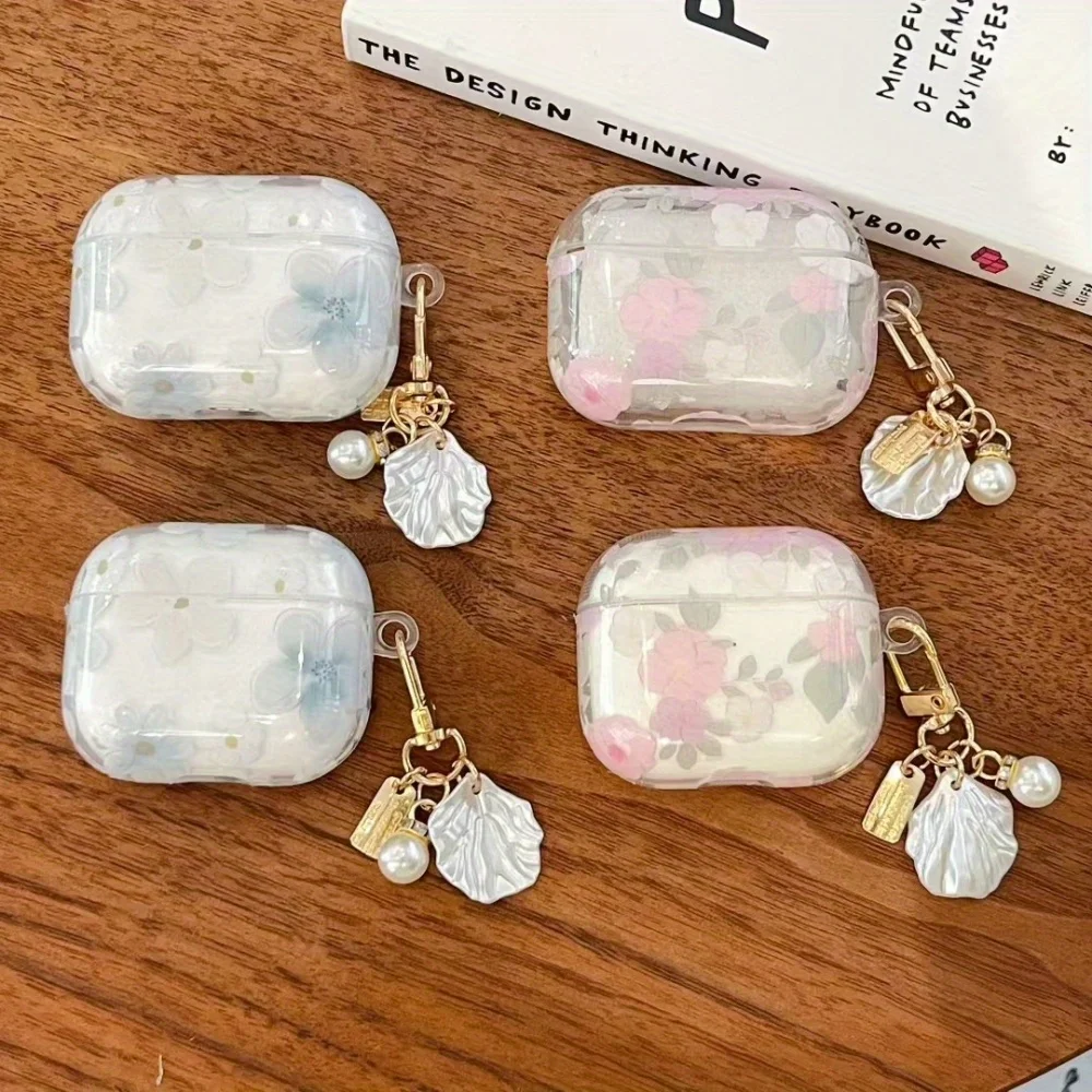 [5E17] As pequenas flores azuis e brancas frescas são adequadas para airpodspro 1a 2a 3a 4a geração capa de fone de ouvido Bluetooth