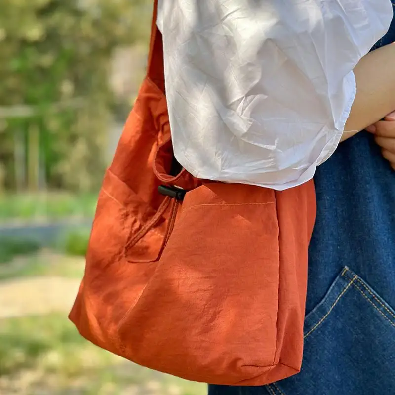 Casual Nylon Tote Bag Lightweight Water-Resistant Drawstring Spring Summer Youth Commuter Class Versatile Cloth Bag for Couples