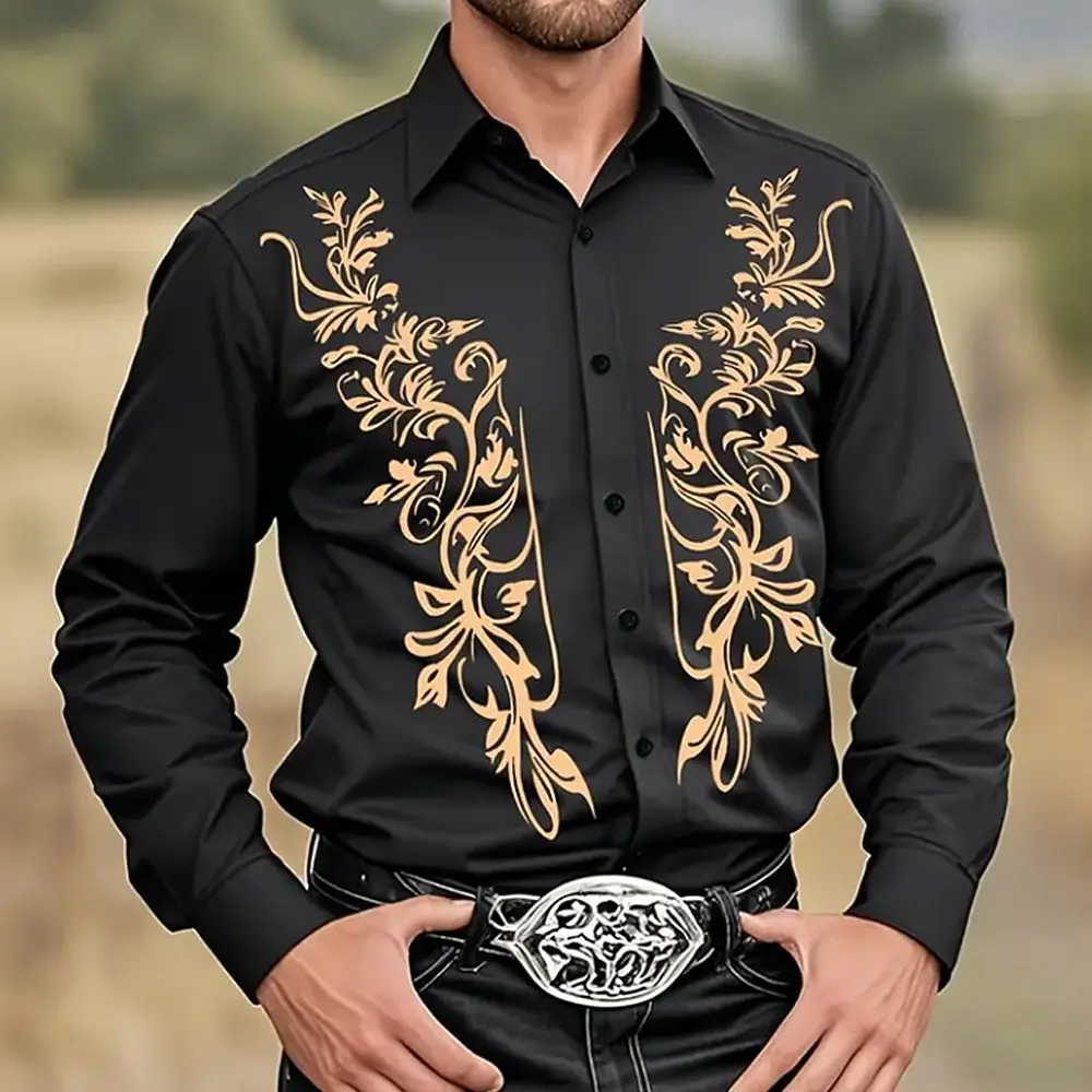 Men Turn‑down Collar Long Shirt Retro Western Golden Baroque Scroll Graphic Print Button‑front Fashion Holiday Male Blouse