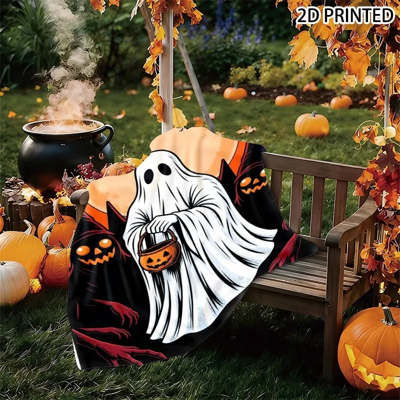 Spooky Halloween Themed Throw Blanket, with Pumpkin Candy Bucket Pattern, Multiple Specifications Available, Festive Fall Decor