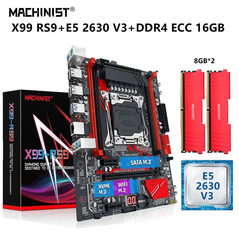 New MACHINIST X99 Kit Motherboard LGA 2011-3 Set Xeon E5 2630 V3 CPU Processor 16G=8Gx2 DDR4 ECC RAM Combo SATA NVME M.2 X99-RS9