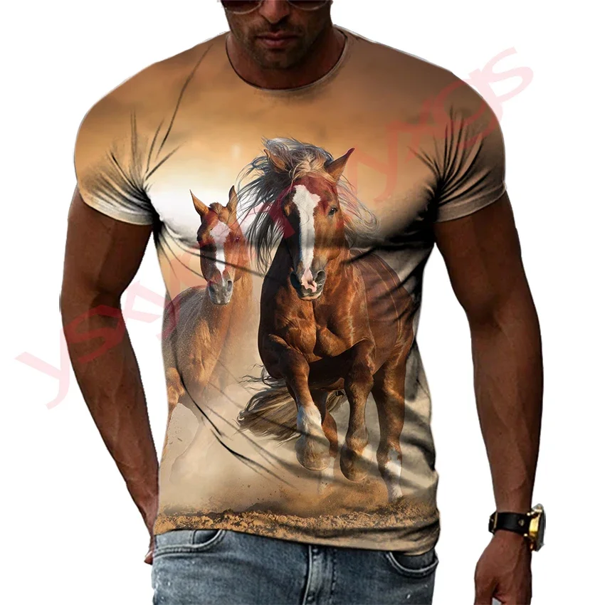 Summer  Galloping Horse Pattern Men's T-shirt Hip Hop 3D Print Personality   Neck Short Sleeve  Fashion Clothes