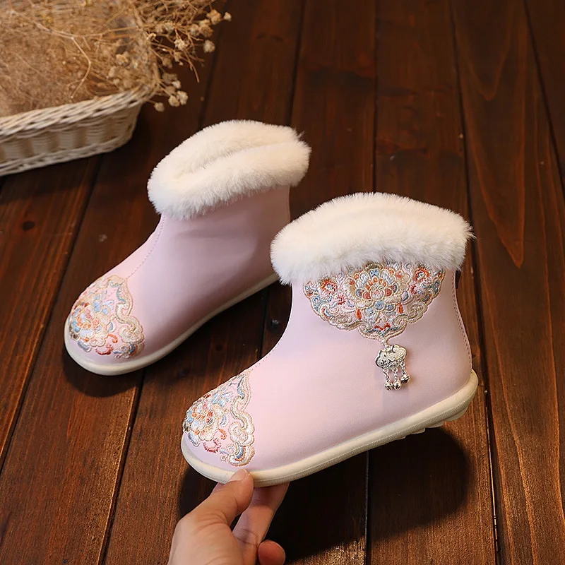 New Girls Embroidered Princess Boots Winter Performance Children's Hanfu Boots Chinese National Style Kids Snow Boots Non-slip