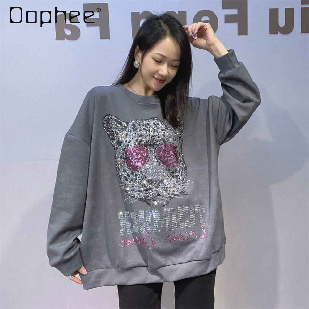 

Hot Rhinestone Cartoon Round Neck Pullover Sweatshirt for Women 2025 New Loose Black Casual Sweatshirts Top for Spring Autumn