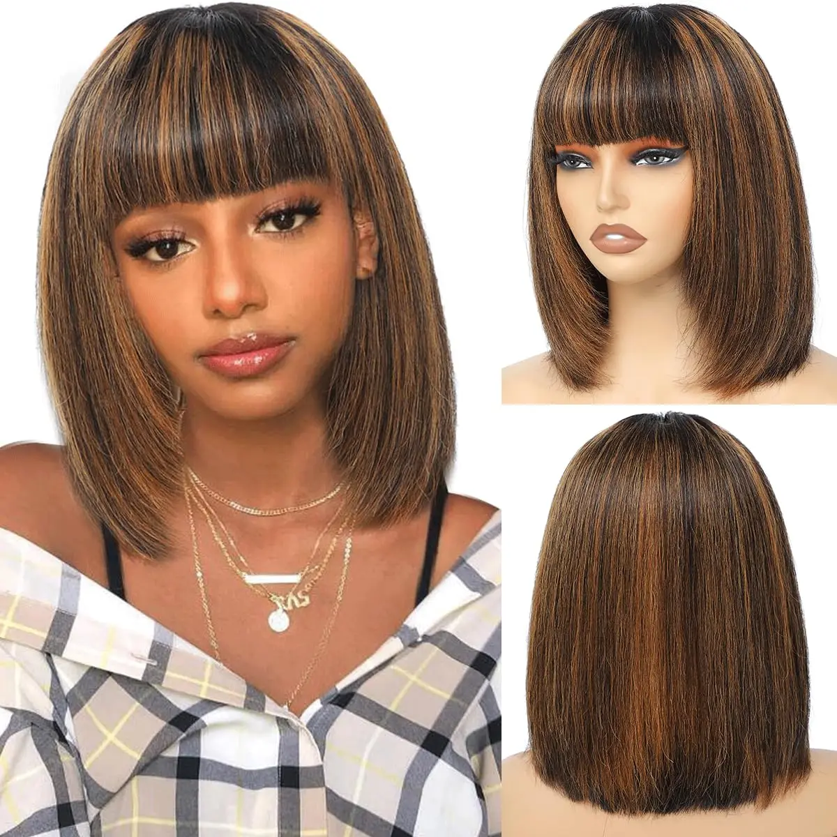 

Bob Human Hair Bob Wig with Bangs 1b/30 Straight, Ombre Blonde Highlight, Glueless Wear10Inch Short Bob Wig for Black Women