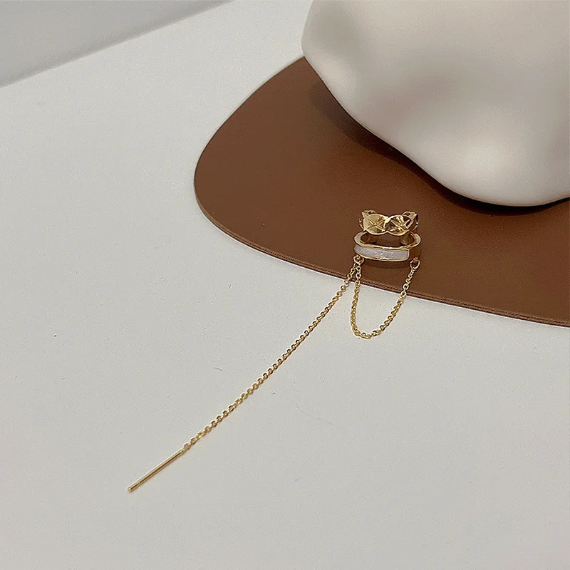 Pendientes de Oreja con Borla de Cadena Larga Dorada y Doble Círculo para Mujer, Estilo Coreano, Falsos Piercings, Joyería de Clip, Regalos