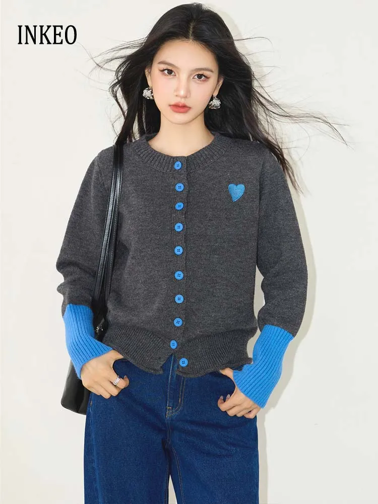 

Дизайнерский кардиган контрастного цвета для женщин, новинка 2025 года, свитер с круглым вырезом и длинными рукавами, однобортный трикотаж INKEO 5O092