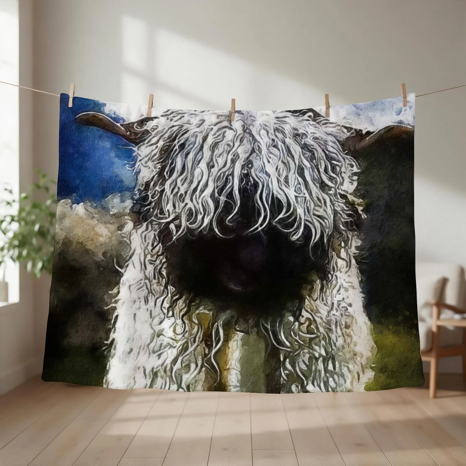 Swiss Valais Blacknose Sheep, Valais Blacknose Sheep Art, Cute Swiss Sheep Farm Animal Portrait, Adorable Swiss Va Throw Blanket