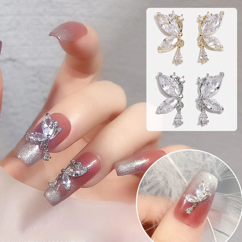 Ice Crystal Gold Silver Butterfly Nail Charms, Luxury Diamond, Art Decoração para Manicure, DIY Acessórios, Shining Parts, 5Pcs