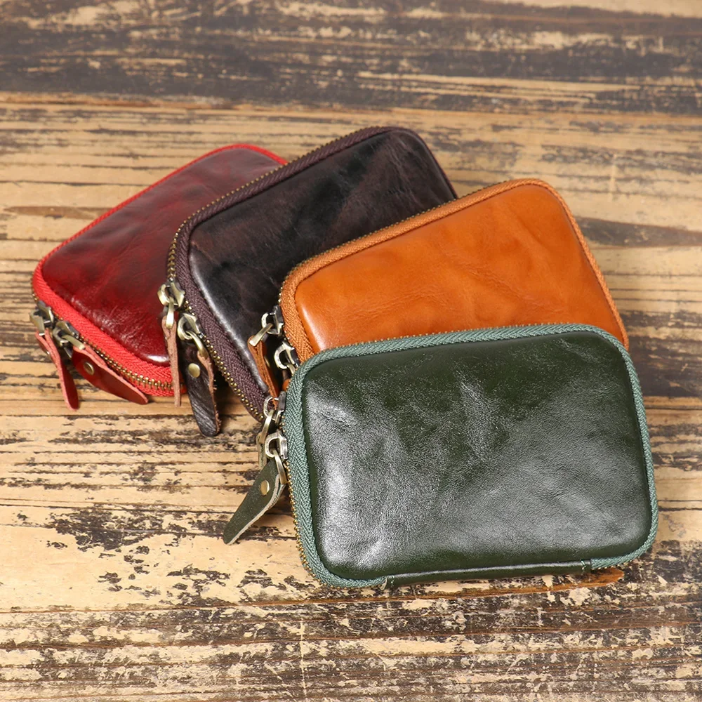 

Vintage Zipper Wallet Genuine Leather Change Purse Key Holder