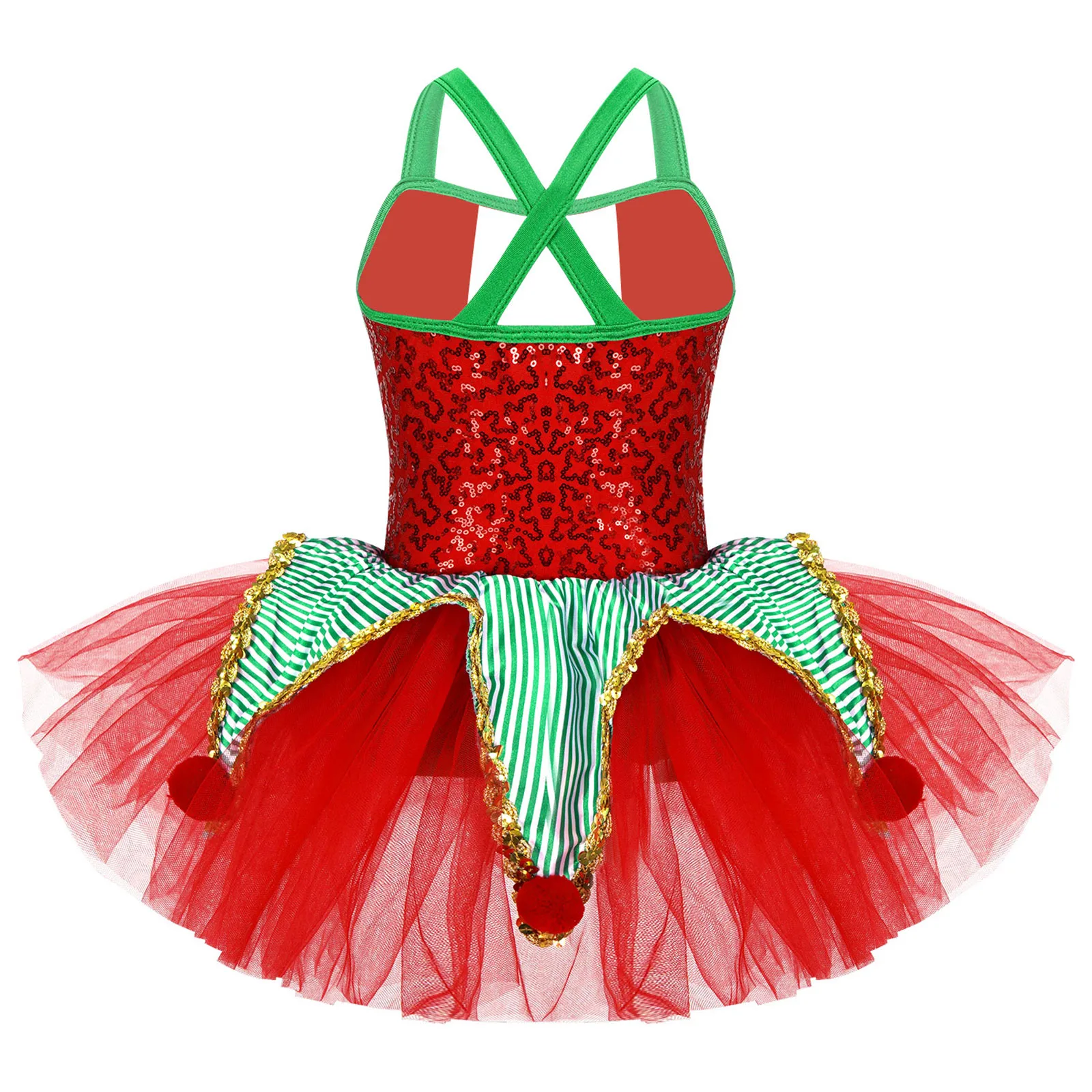 Kids Girls Tutu Dress Christmas Cosplay Costume Sleeveless Sequins Pompoms Ball Gown Dress Carnival Halloween Festive Dress Up