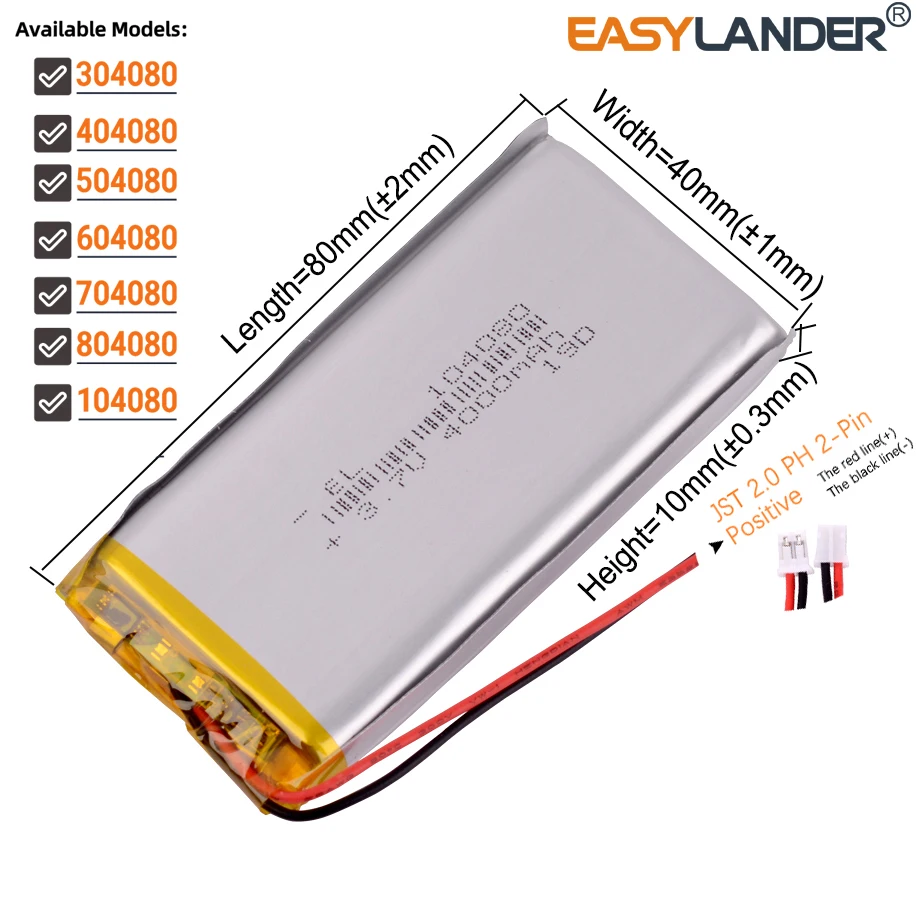 

JST2.0 2P 3,7 В 4000 мАч 104080 304080 404080 504080 604080 704080 804080 Литий-ионный полимерный аккумулятор для электронных книг colorfly c10