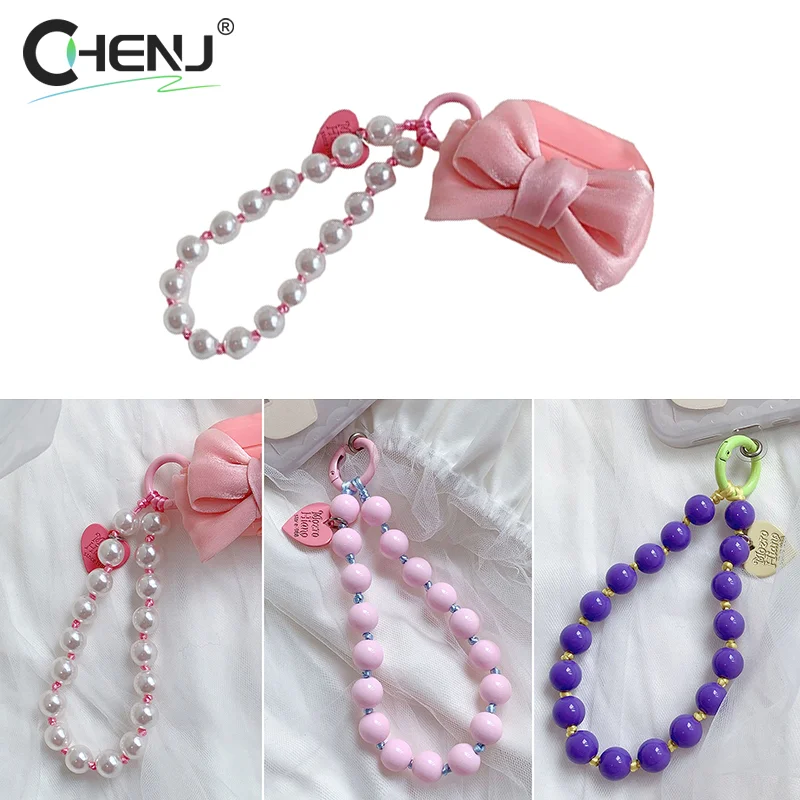 Sweet Bow Heart Phone Lanyard Short Phone Wrist Strap For Women Girls Colorful Beaded Headphone Pendant Lovely Anti Loss Lanyard