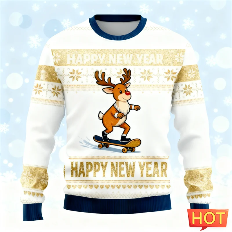 Fashion Happy New Year Letters Ugly Christmas Sweater Simple Trendy Holiday Wear 3D Printed Sweatshirt Loose Breathable Pullover