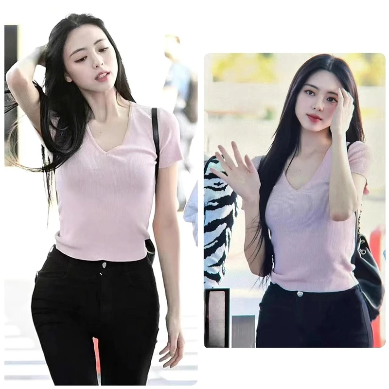 

Kpop Korean Singer Women Pink V-neck Knit T-shirt Loose Short Sleeve Summer Pullover Streetwear Tees Fashion Elegant Female Tops