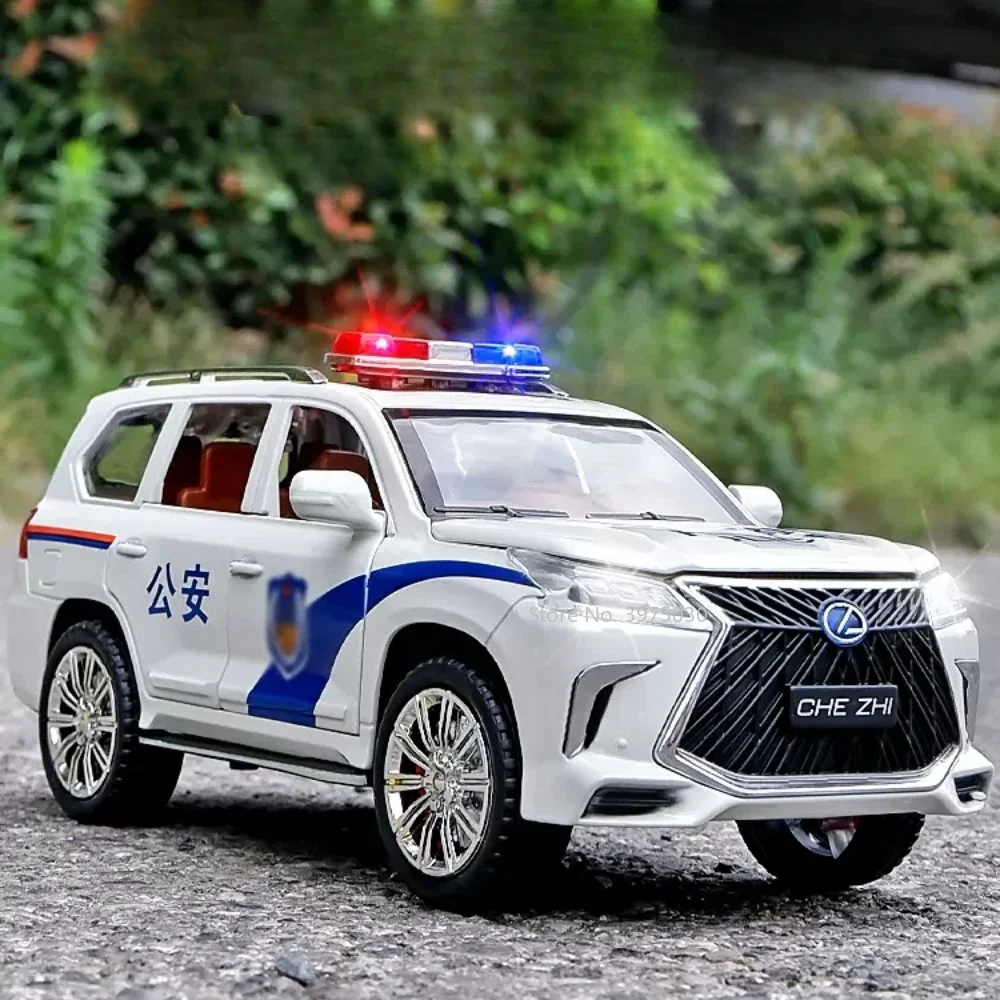 Jouet modèle de voiture de police en alliage pour enfants, véhicule en métal moulé sous pression, son et lumière, côtes arrière, collection de jouets, cadeaux de simulation, LX570, 1:24