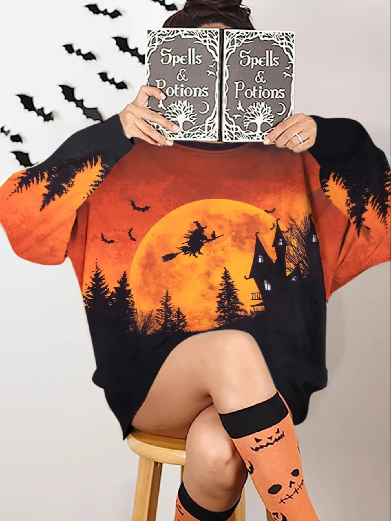 

Plus Size Women's Fashion Long Sleeve Halloween Print Pullover Sweatshirt Ladies Loose-Fit Woven Fabric Fall Winter Casual Wear
