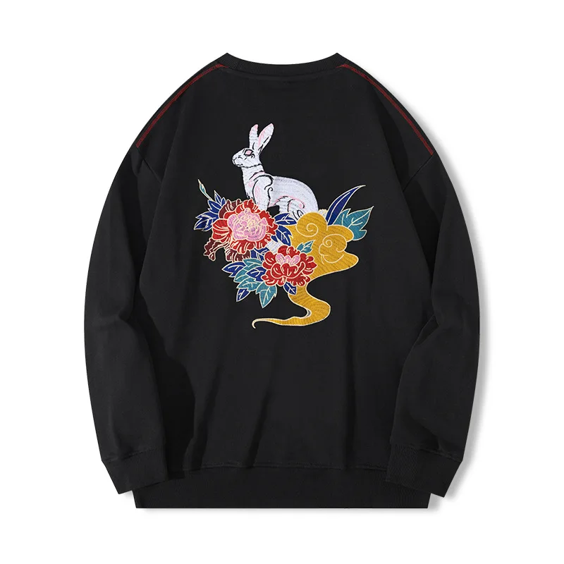 Rabbit Floral Embroidery Luxury Sweatshirt For Men Fashion Casual Autumn Quality Cotton Loose Fit Oversized Pullovers Pull Homme