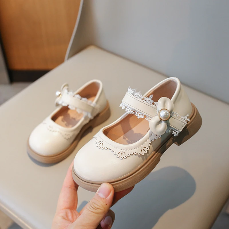 Girls' Flat Shoes Fashion Ruffled Edge Elegant Kids Leather Shoe Thick Bottom Bowknot Mary Janes Sweet Children Princess Shoes