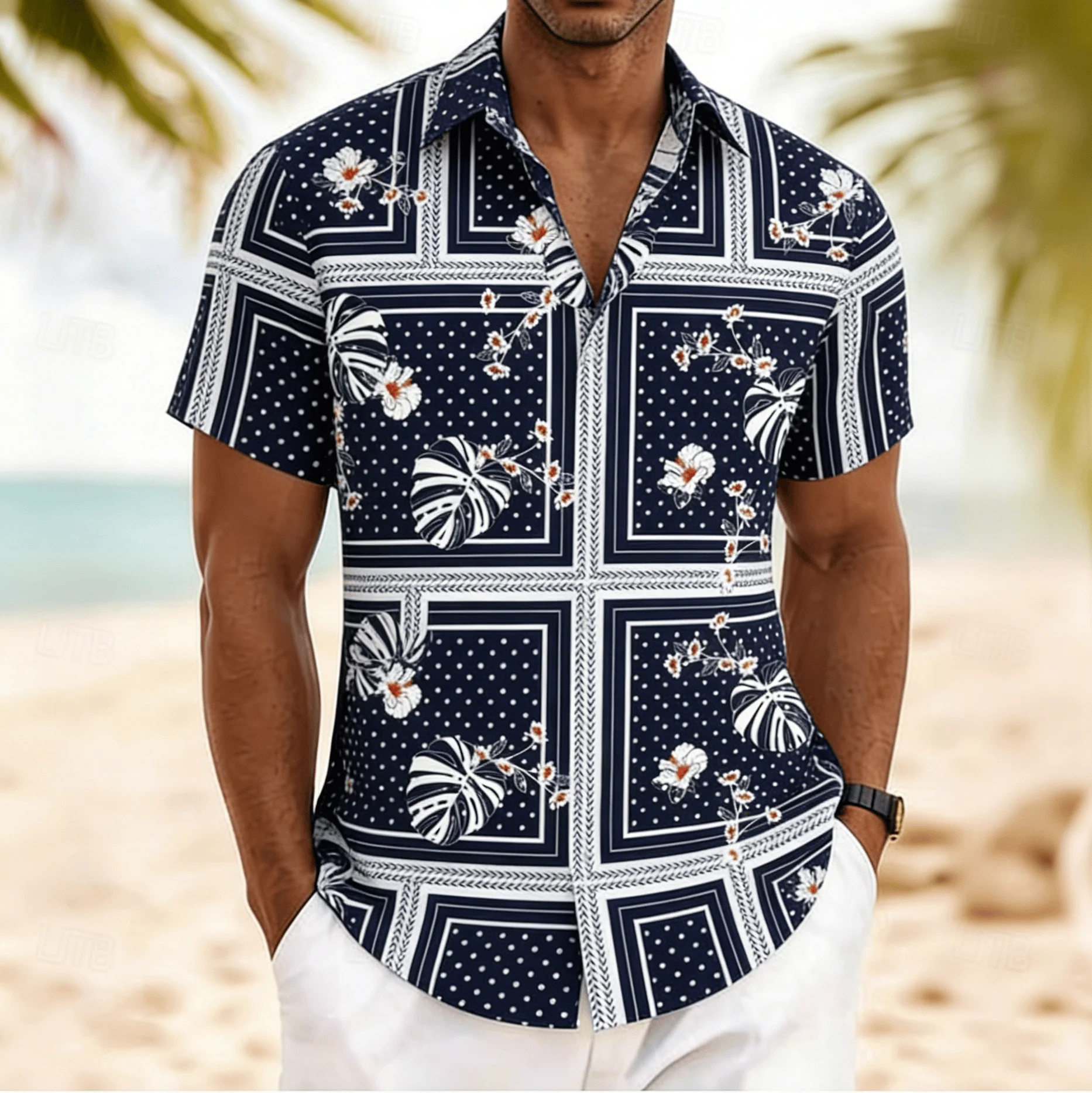 

Men's Polka Dot Plaid Tropical Monstera Floral Print Short Sleeve Shirt,Summer Vintage Vacation Blouse, Loose Casual Top