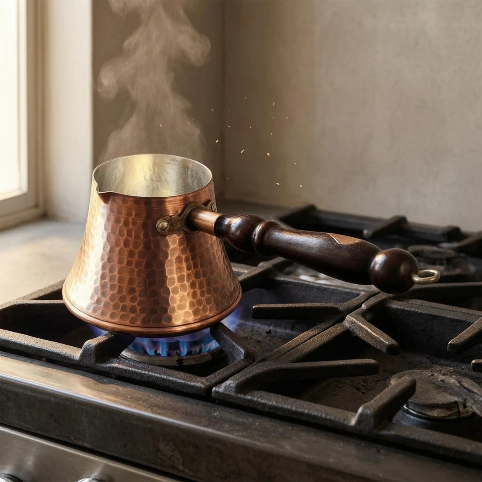 Copper Cezve Flared Top Hammered Copper Coffee Pot Turkish Coffee Pot Hanging Loop Hot Drink Item Pouring Lip view 3