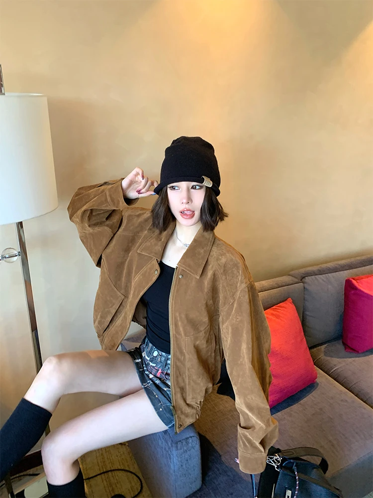 

Ana Phora Retro Brown Suede PU Jaet Faionable Versatile Autumn New Sle Women's ort Outerwear Collar Zipper Closure