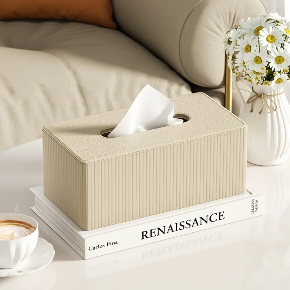 Nordic Style PU Leather Tissue Box High Quality Leather Napkin Holder Stripe Design Holiday Gifts for Families and Offices