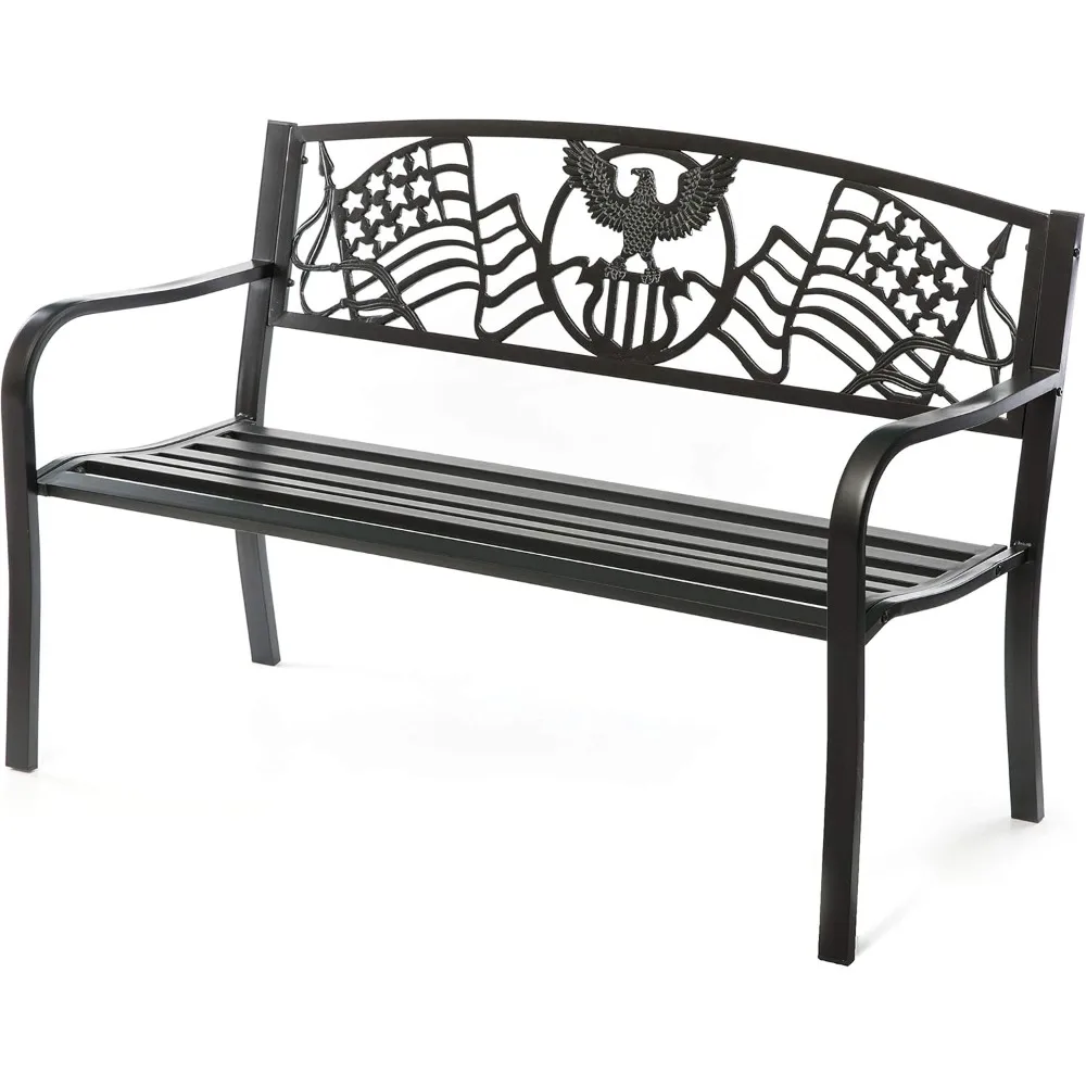 Steel Outdoor Patio Garden Park Seating Bench with Cast Iron Patriotic American Flag and Eagle Backrest, Front Porch Yard Bench