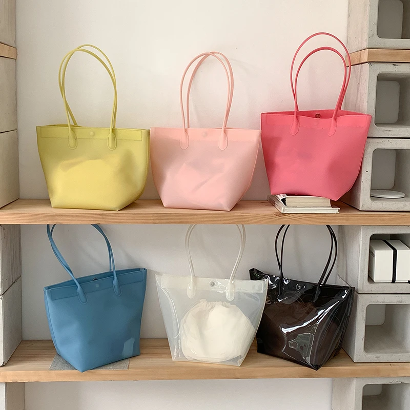Transparente PVC-Eimertasche, wasserdichte Damen-Tragetasche mit Innentasche, bunte Dopamin-Handtasche für den Arbeitsweg mit großem Fassungsvermögen – Detail 2