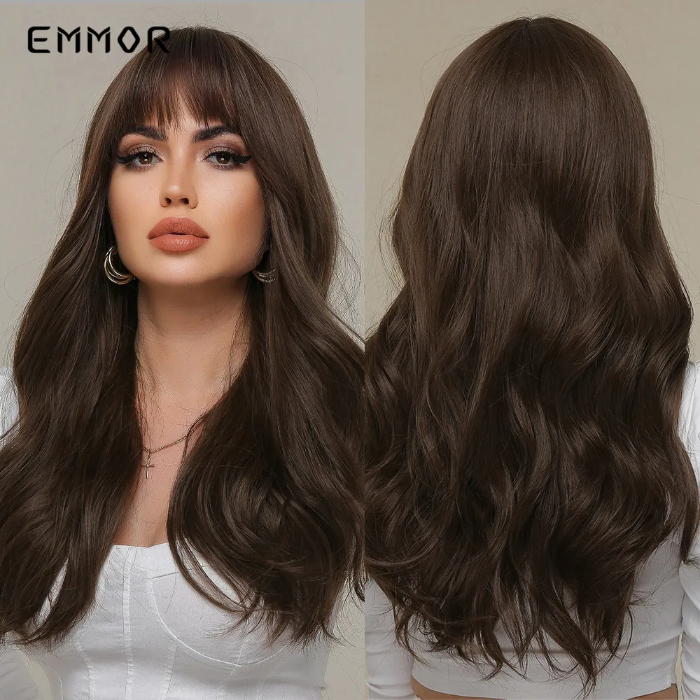 

Emmor Synthetic Long Brown Wigs Natural Blond Wavy Hair Wig for Women Cosplay Orange-brown Daily Wigs with Bangs