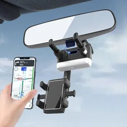 Car Rearview Mirror Phone Holder with 360 Degree Rotation and Retractable Universal Mobile Phone Stand Compatible for Iphone 15