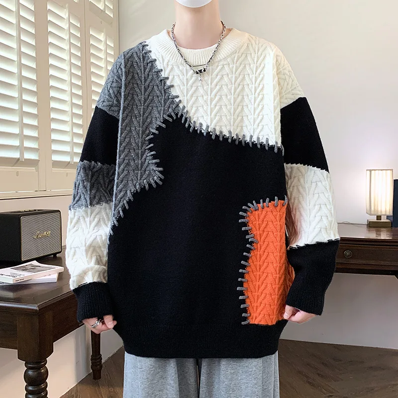 

Мужской свитер в стиле пэчворк с цветными блоками, жаккардовые топы с длинными рукавами и круглым вырезом, повседневный трикотаж большого размера на осень