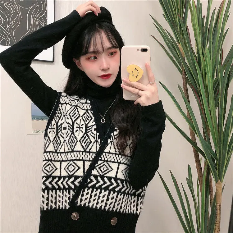 2023 Retro Design V-Neck Contrast Jacquard Knitted Vest Women's Spring and Autumn New Double Breasted Knitted Sweater