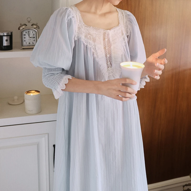 Vintage Spring Summer Pure Cotton Nightgown Women Lace Square Collar Long Nightdress Romantic Princess Cute White Blue Sleepwear