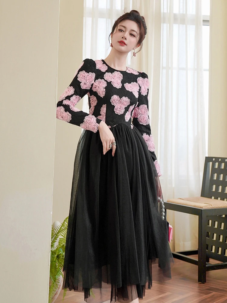 

Винтажное элегантное черно-розовое тюлевое платье с 3D цветочным принтом, женское бальное платье с цветочным кружевом и сеткой, вечернее платье, халат для выпускного вечера и свидания