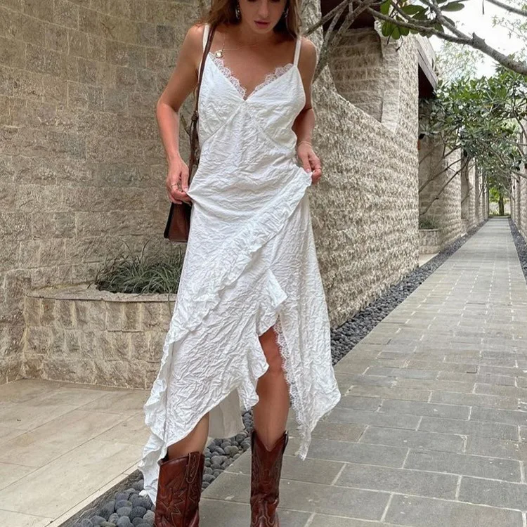 

2026 Irregular Hem Backless Sexy Dress Women's New Lace Splicing Sleeveless Suspender Skirt