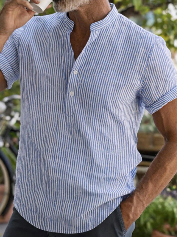 Summer Vacation Stripped Tee Mens Fashionable Loose Breathable Polo Shirt Vintage Crew Collar Button Short Sleeve T-shirts Men