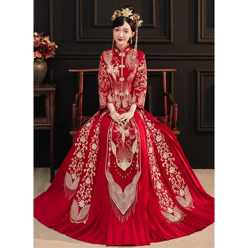 

Hanfu Embroidery Dragon Phoenix Chinese Traditional Couple Wedding Suit Cheongsam Elegant Bride Vintage Qipao Dressx;8'm6,