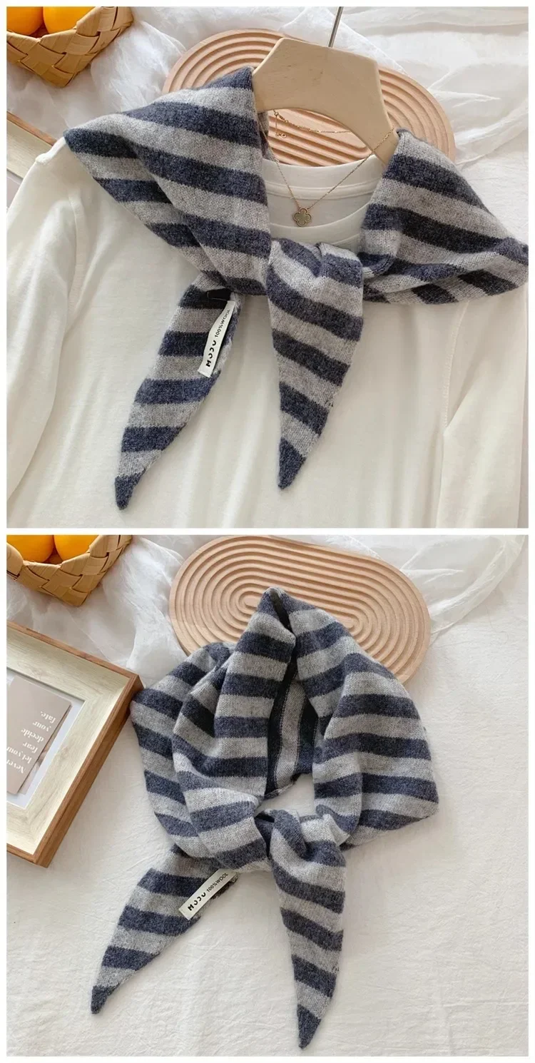 Koreanischer Streifen-Dreiecksschal aus 100 % Wolle, dreieckiger Schal für Männer und Frauen, britisches Nischen-Kopftuch, gestrickt, multifunktionaler warmer Schal – Detail 11