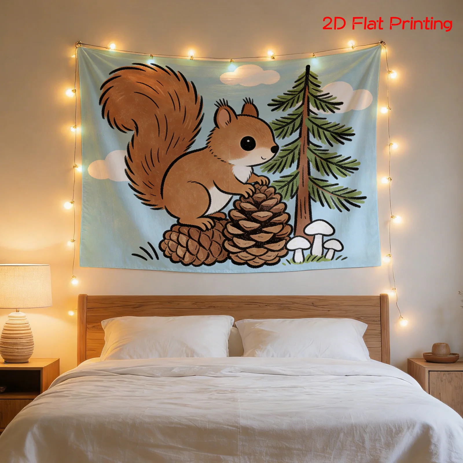 Large Squirrel Woodland Tapestry Wall Hanging Cute Forest Nature Print Decor Blue Kids Nursery Room Background Art