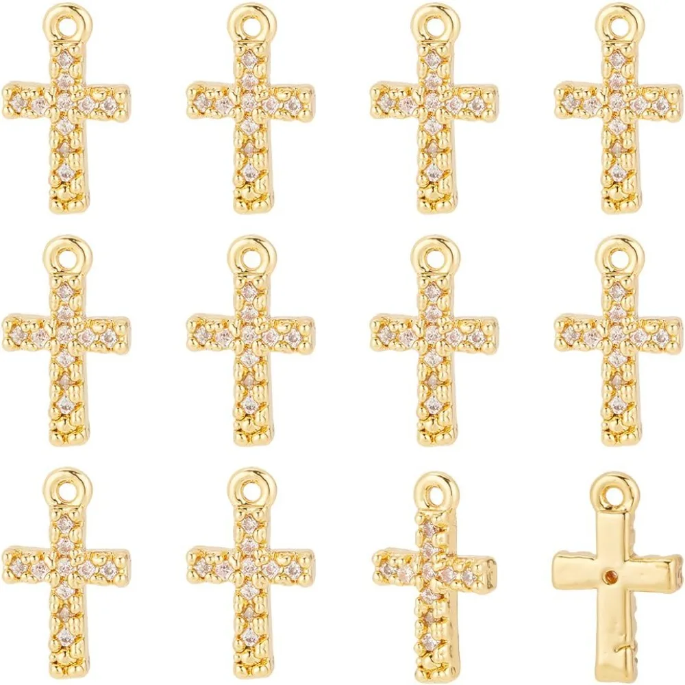 20 Pcs Cubic Zirconia Tiny Cross Charms, vero ciondolo croce in metallo placcato oro 18 carati Micro Pave croce per collana fai da te