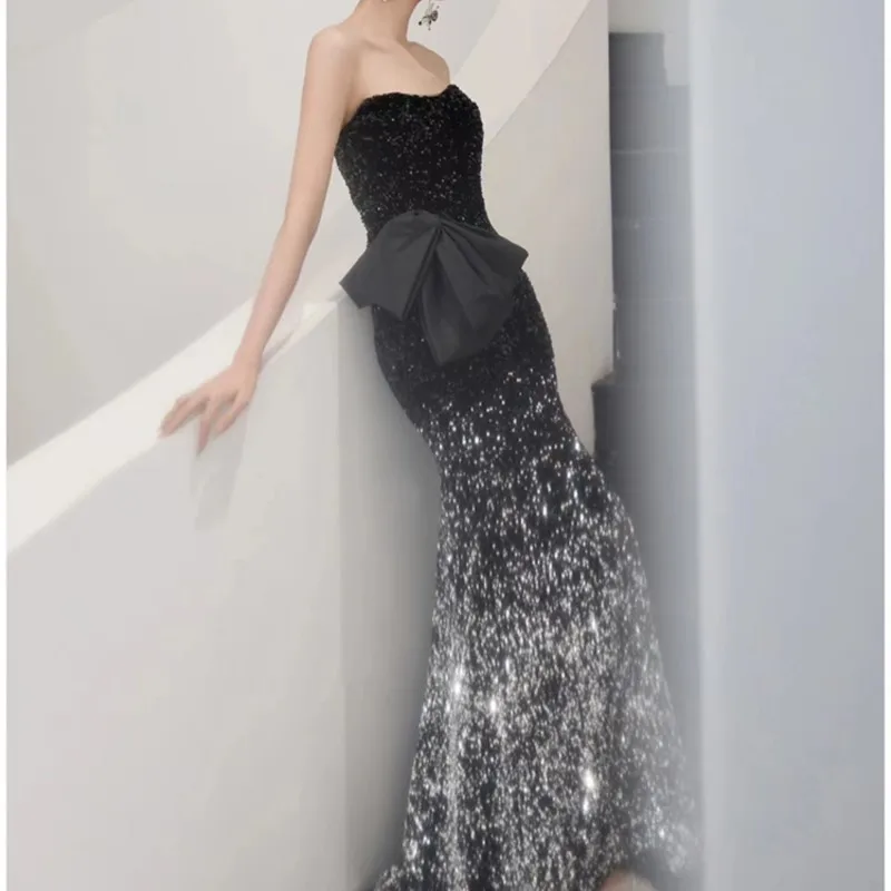 

Light luxury niche arts test host banquet birthday chest-top fishtail sequin gown dress