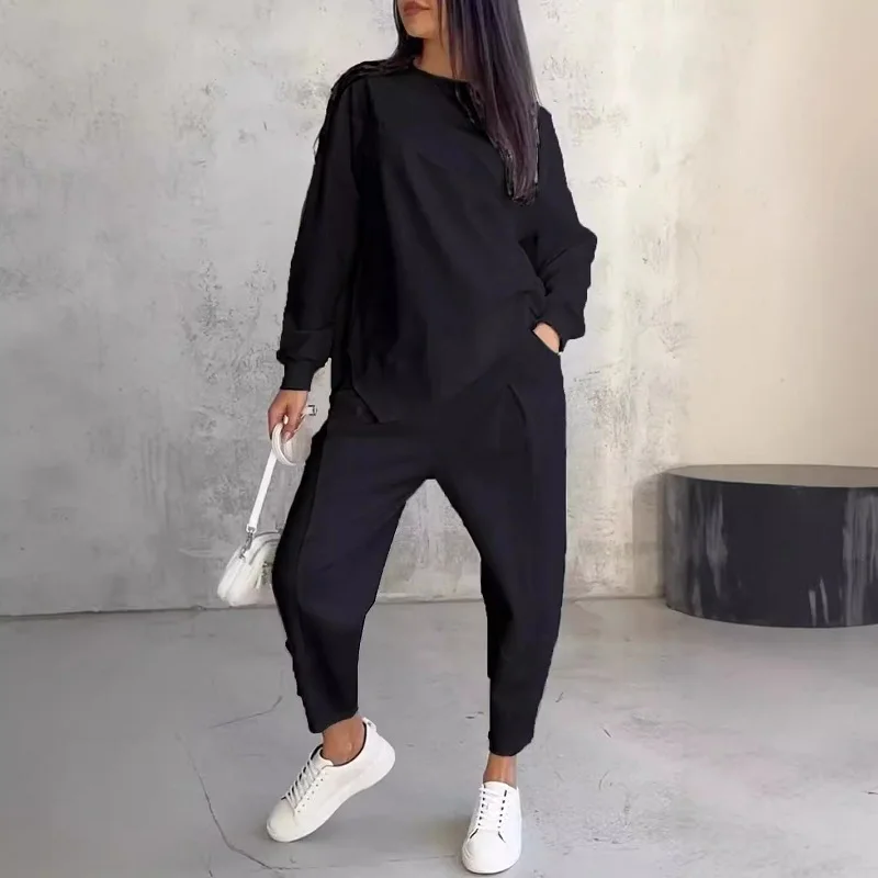 Autumn Long Sleeve Loose Leisure Suit Woman Fashion Round Neck Top Pullover & Long Pants Outfit Spring Solid Color Two Piece Set