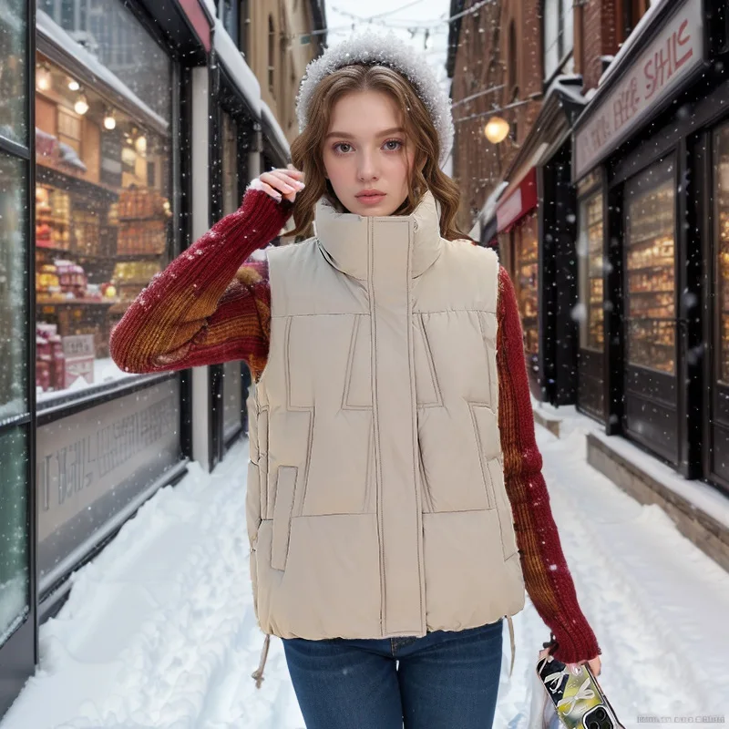 2025 Winter Women's Cotton Vest Stand Collar Pure Color Sleeveless Female Coats Commuting Thickened Warm Quilted Jacket For Lady